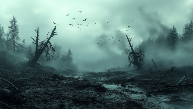 Misty wasteland: broken trees, flock of birds, desolate landscape.
