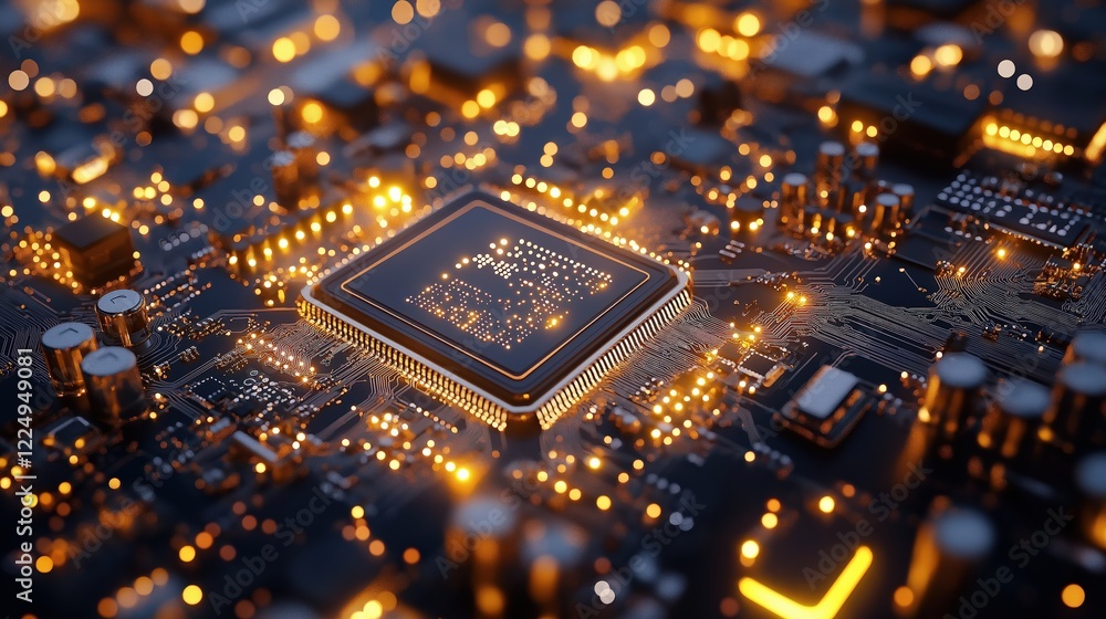 Poster close-up of a modern microchip on a circuit board surrounded by glowing lights, showcasing advanced 