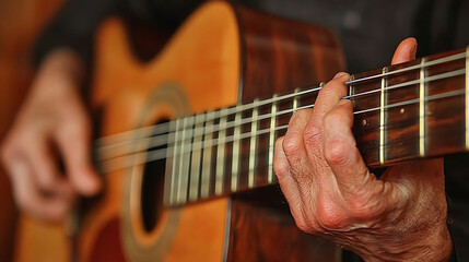 Obraz premium Closeup of weathered hands skillfully playing a classical guitar. The warm wood tones and intricate fretwork create a soulful and evocative image perfect for music, hobby, or aging themes.
