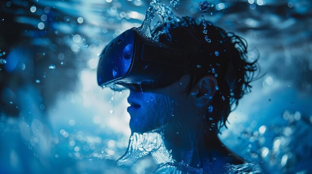 Young man wearing vr headset emerging from cyber fluid border during simulated experience