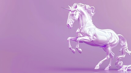Fototapeta premium A 3D rendered image of a white unicorn standing on its hind legs against a purple background.
