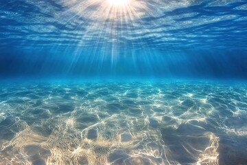 Sunlight streams through clear blue water illuminating sandy seabed in underwater scene