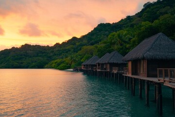 Fototapeta premium A serene sunset view over water bungalows, surrounded by lush greenery and mountains, creating a tranquil and picturesque tropical escape.