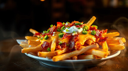 A Tempting Plate of Loaded Fries: Crispy Bacon, Gooey Cheese, and Spices