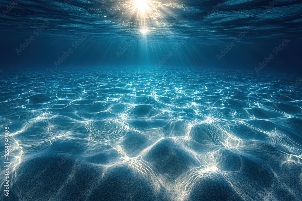 Poster sunlight filtering through deep blue ocean water illuminating sandy bottom with light patterns
