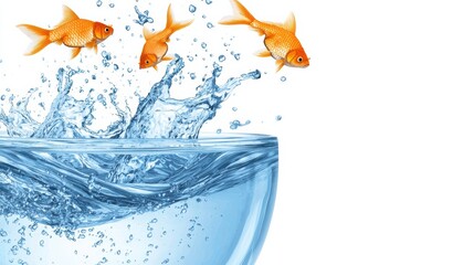 Fish jumping out of bowl water splash aquatic life indoor setting close-up view vibrant action