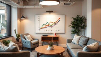 A modern office space featuring a growth chart on the wall, comfortable seating, and a welcoming atmosphere, ideal for collaboration and meetings.
