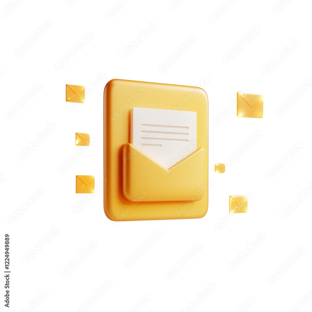 Poster stylized golden envelope icon with outgoing messages and letters symbolizing communication., isolate