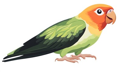 Fototapeta premium A vibrant green and orange lovebird, perched and facing right, displays its colorful plumage.