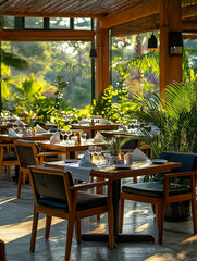 Fototapeta premium Sunlit outdoor restaurant with wooden tables, chairs, and lush greenery.