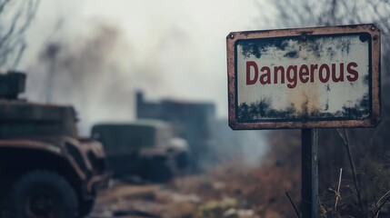 Obraz premium Warning Sign in Abandoned Military Landscape