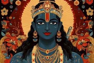Portrait of a deity adorned in ornate jewelry and a crown, surrounded by floral designs.