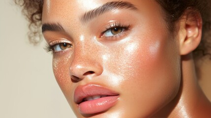 Close-up of a young woman with freckles and glowing dewy skin, perfect for skincare, beauty, and wellness industries