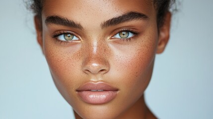 Close-up of a young woman with freckles and green eyes, ideal for beauty, skincare, and fashion advertising
