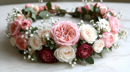 Obraz premium Pastel Pink And Burgundy Rose Flower Crown With Baby's Breath And Eucalyptus
