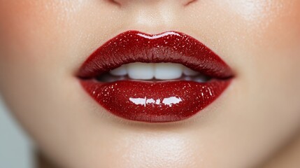 Fototapeta premium Extreme close-up of glossy red lips with glitter, great for beauty, fashion, and holiday cosmetics advertising
