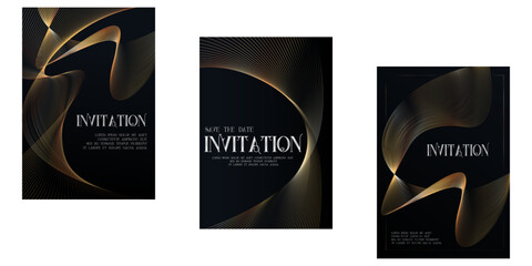 Elegant golden waves Luxury invitation card background. Premium geometric shape, gold line gradient on dark. Rich design for gala card, grand opening, party invitation, layout, templates.	