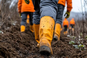 Workers in orange jackets and yellow boots walk through a muddy path, focused on their task in a natural setting.