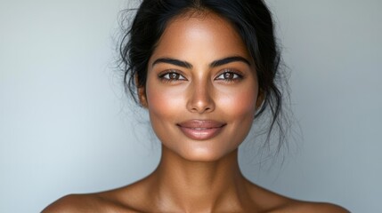 Fototapeta premium Close-up portrait of a beautiful Indian woman with glowing skin, ideal for skincare, beauty, and cultural representation