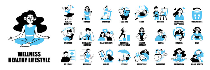 Lifestyle set, healthy lifestyle, diet, exercise, sleep, relationships, self-care, and hobbies icons