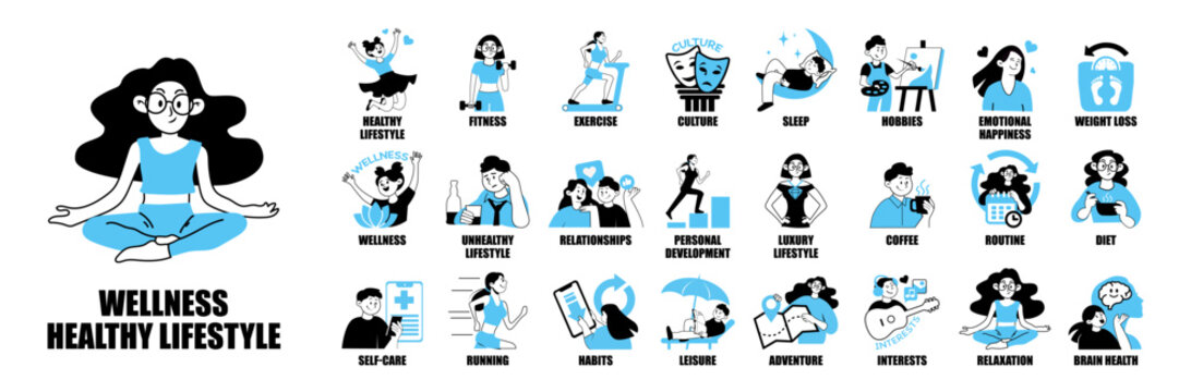 Lifestyle set, healthy lifestyle, diet, exercise, sleep, relationships, self-care, and hobbies icons
