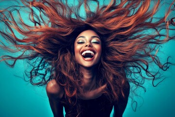 Fototapeta premium Gorgeous happy mixed-race girl - for ads, poster and social networks use. Commercial ad campaign concept art visual pattern. Long coiffure - highlighted hair. African american style trends.