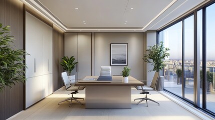 Bright minimalist workspace featuring a large desk with city views and green plants around