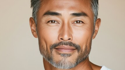 Naklejka premium Close-up portrait of a mature Asian man with salt-and-pepper beard, warm brown eyes, and a confident smile