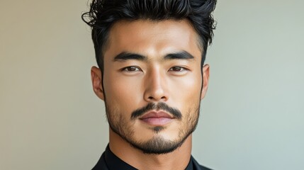 Fototapeta premium Fashion portrait of a stylish Korean man with dark wavy hair, strong jawline, and intense gaze in a black suit