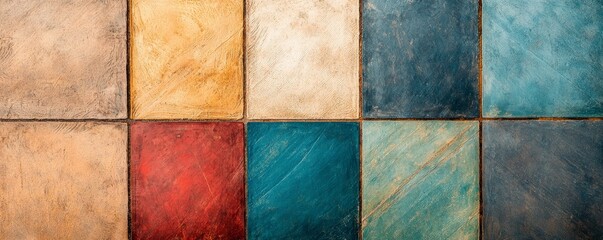 Vibrant colored tiles arranged in a grid, showcasing various textures and hues, ideal for artistic or design inspiration.