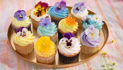 Colorful cupcakes decorated with edible flowers on a golden tray