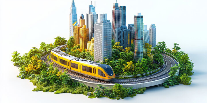 Cityscape model with yellow train circling lush green landscape.