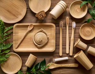Eco friendly bamboo products promoting sustainable lifestyle on wooden table