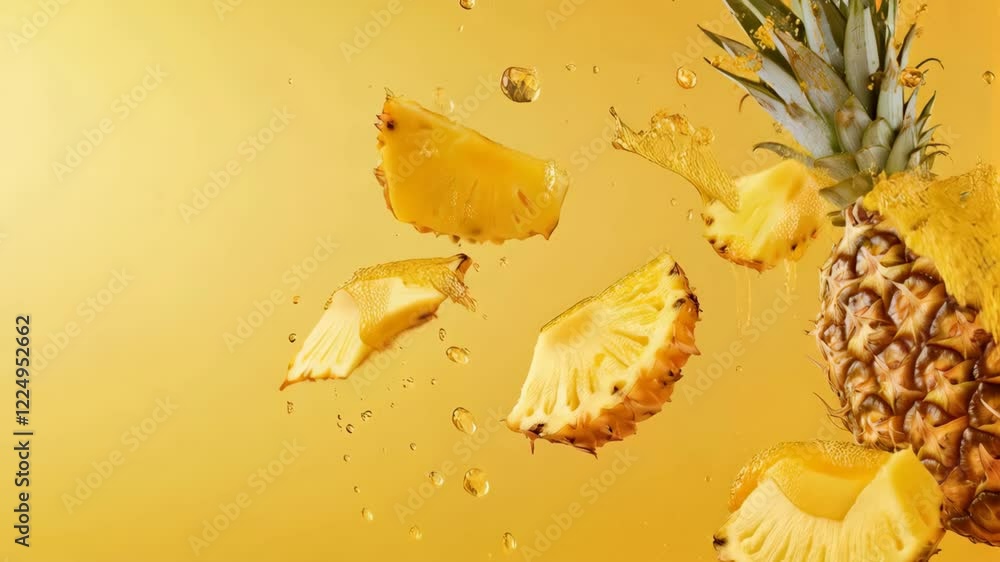 Poster ripe pineapple fruit and pineapple slices are levitating on a yellow background with pineapple juice