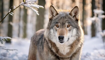 Fototapeta premium Eurasian wolf standing in snowy forest during winter