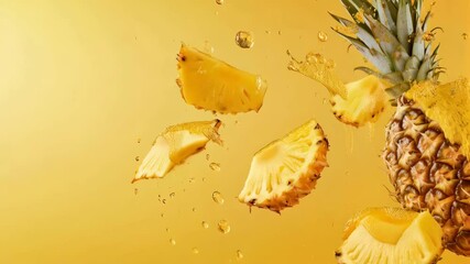 Ripe pineapple fruit and pineapple slices are levitating on a yellow background with pineapple juice splashing around them, creating a refreshing and tropical summer scene