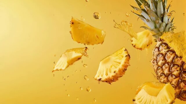 Ripe pineapple fruit and pineapple slices are levitating on a yellow background with pineapple juice splashing around them, creating a refreshing and tropical summer scene