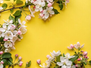 Obraz premium Spring Blossom Frame: Mother's Day Yellow Background Flat Lay Mockup