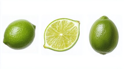 Two whole limes resting on a white background accompany a lime sliced in half, revealing its vibrant, juicy pulp and refreshing segments, highlighting its fresh, tangy appeal