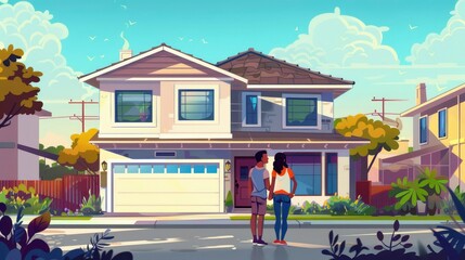 Couple in front of the new house. illustration in cartoon style
