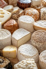 Assorted Cheese Variety Displayed on Wooden Surface with Different Textures and Colors