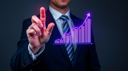 A businessman in a suit, with a glowing fingertip interacting with a futuristic transparent holographic graph displaying upward trending data, intense dramatic lighting in deep ultraviolet hues