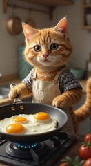 Cute ginger cat cooking breakfast with fried eggs