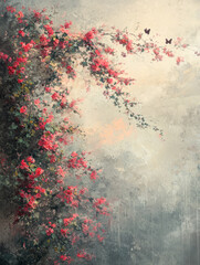 Floral Impression: Pink blossoms and butterflies on a textured background.