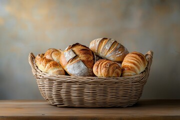 Assorted artisan bread and croissants in a woven basket on a rustic wooden surface with a warm background