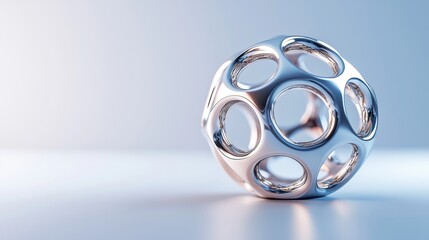 Abstract metallic sphere with hollow geometric design on a smooth surface
