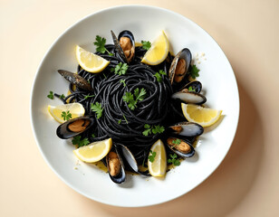Delicious black ink spaghetti with mussels, clams, scallops, lemon, and parsley. isolated on beige background