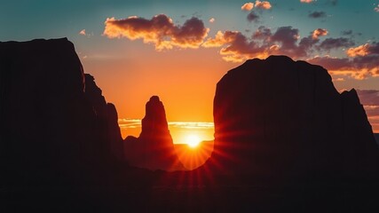 A stunning sunset silhouetting rocky formations against a vibrant sky filled with clouds, creating a serene and majestic landscape.