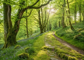Naklejka premium Spring Woodland Path: Mossy Forest Trail with Lush Green Trees - Stock Photo