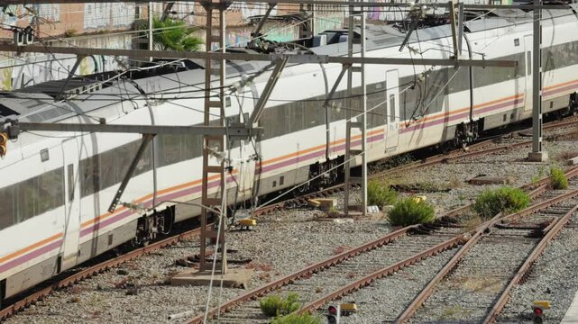 Barcelona City Train, big trains between Catalonia cityies, Commuting trains arriving at the station in downtown Barcelona.